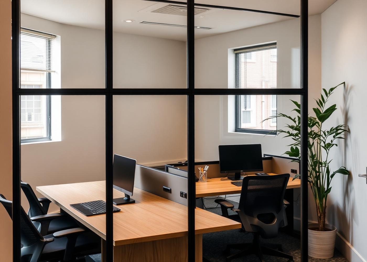 An enclosed private office at VoltCafé set up for a team of four