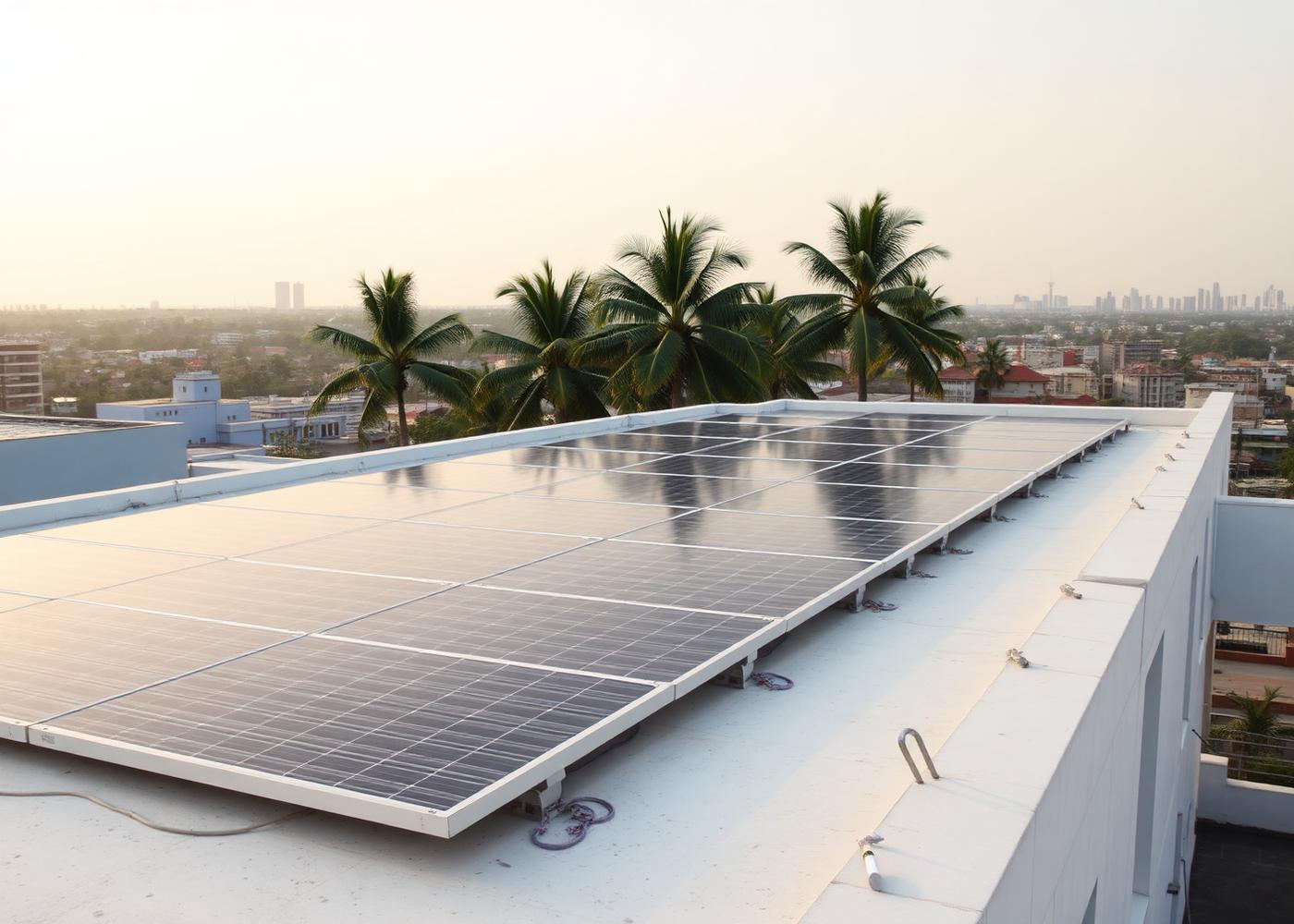 Solar panels installed on the roof of the VoltCafé building in Lagos at late afternoon